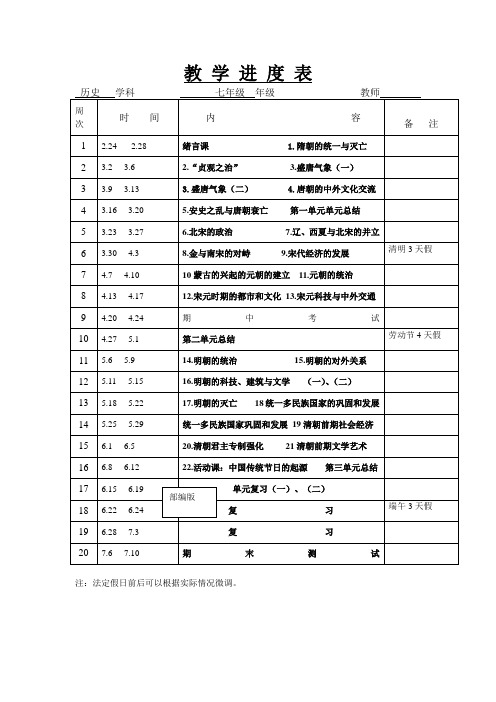 人教部编统编版历史七年级下册历史教学进度表