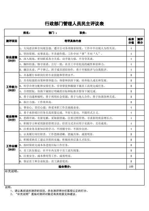 行政部门管理人员民主评议表