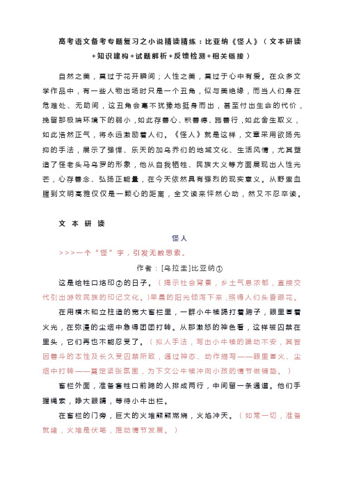 高考语文备考专题复习之小说精读精练：比亚纳《怪人》(文本研读+知识建构+试题解析+反馈检测+相关链接