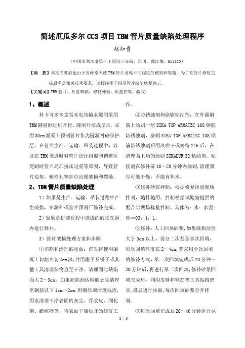 简述厄瓜多尔CCS项目TBM管片质量缺陷处理程序