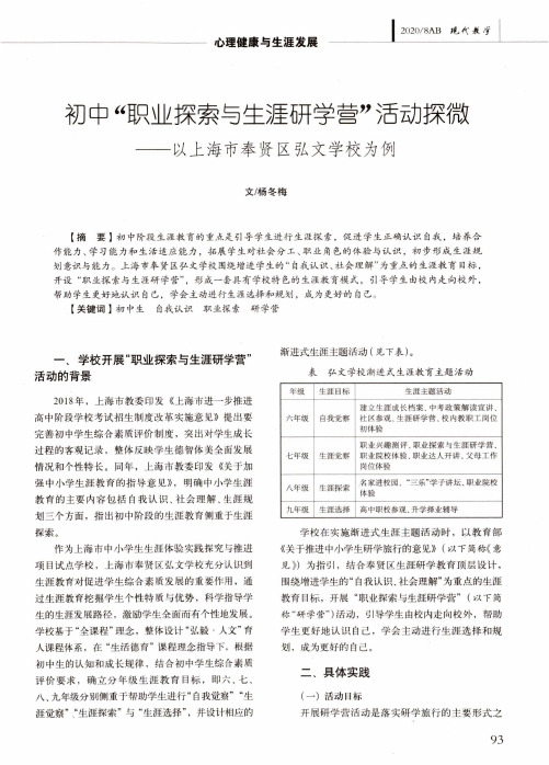 初中“职业探索与生涯研学营”活动探微——以上海市奉贤区弘文学校为例