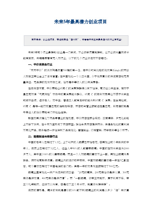 未来5年最具潜力创业项目