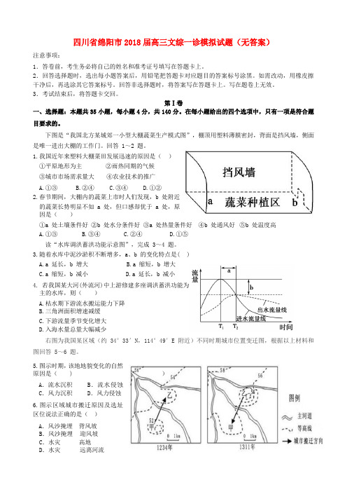 四川省绵阳市2018届高三文综一诊模拟试题(无答案)