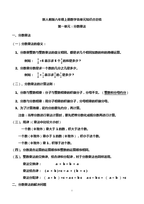 新人教版六年级上册数学重要章节知识点归纳总结