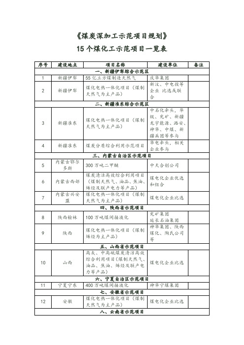 煤炭深加工十五个示范项目表