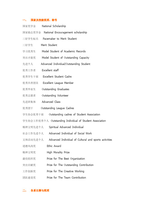 个人简历各类奖学金、各种奖励、各种职称中英文对照