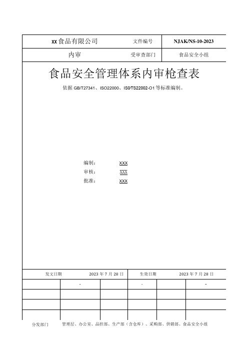 食品安全管理体系内审检查表(食品安全小组)范文