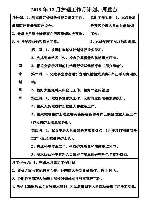 2018年12月护理工作月计划、周重点 - 副本