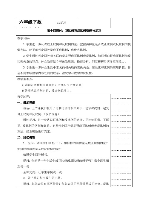 六年级下数学教案总复习正比例和反比例_苏教版