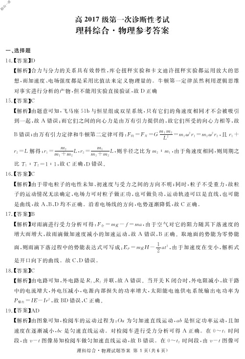 2019年12月23日四川省遂宁市眉山市资阳市内江市一诊高2020届高2017级理科综合物理试题参考答案及说明