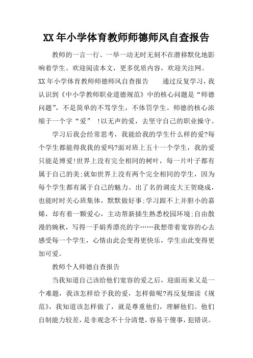 XX年小学体育教师师德师风自查报告