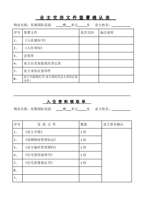 业主交房文件签署确认单