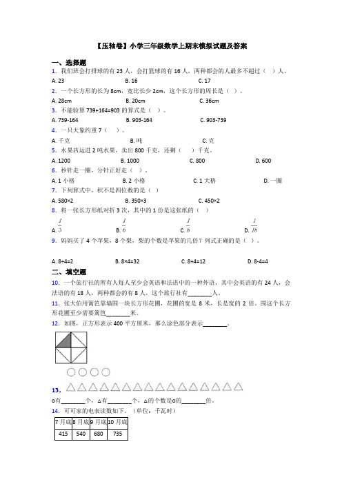 【压轴卷】小学三年级数学上期末模拟试题及答案