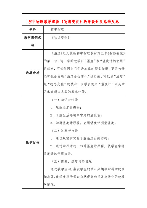 初中物理教学课例《物态变化》教学设计及总结反思