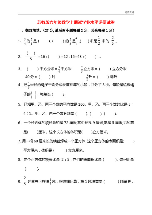 苏教版(2020年秋)六年级数学上册试学业水平调研试卷