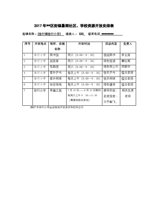 2017年XX区街镇暑期社区、学校资源开放安排表【模板】