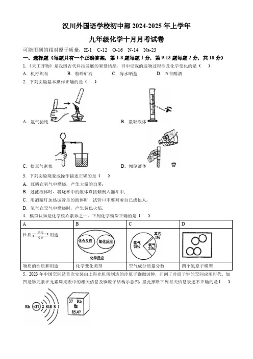 湖北省孝感市汉川外国语学校2024-2025学年九年级上学期10月月考化学试题(无答案)