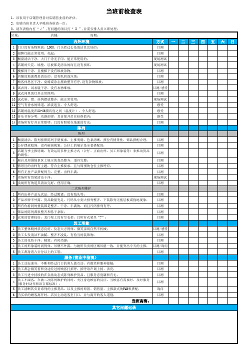 专卖店(店铺)当班前检查表