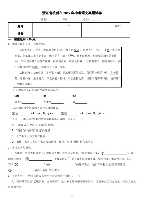 浙江省杭州市2019年中考语文真题试卷(含答案)