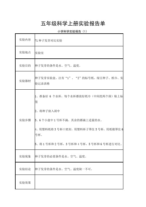 教科版五年级科学上册实验报告