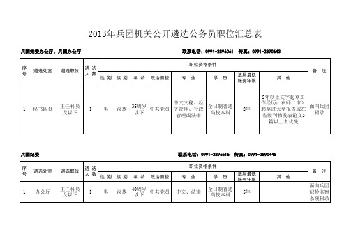 2013年新疆兵团公务员考试职位表