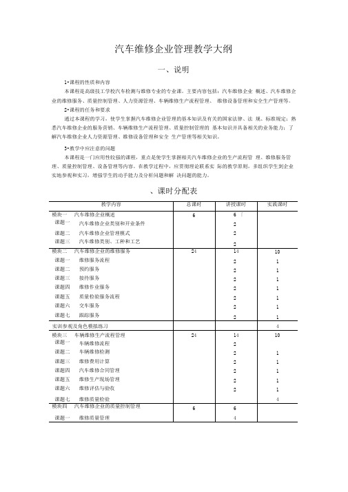 汽车维修企业管理教学大纲