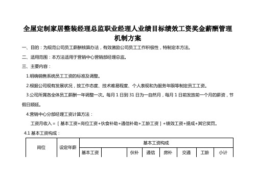 全屋定制家居整装经理总监职业经理人业绩目标绩效工资奖金薪酬管理机制方案