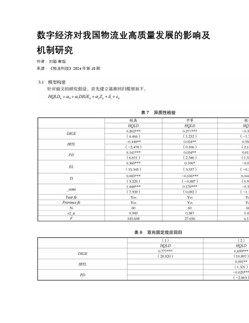 数字经济对我国物流业高质量发展的影响及机制研究