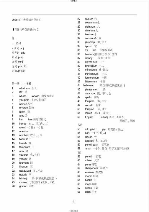 2020中考必考必备英语词汇表