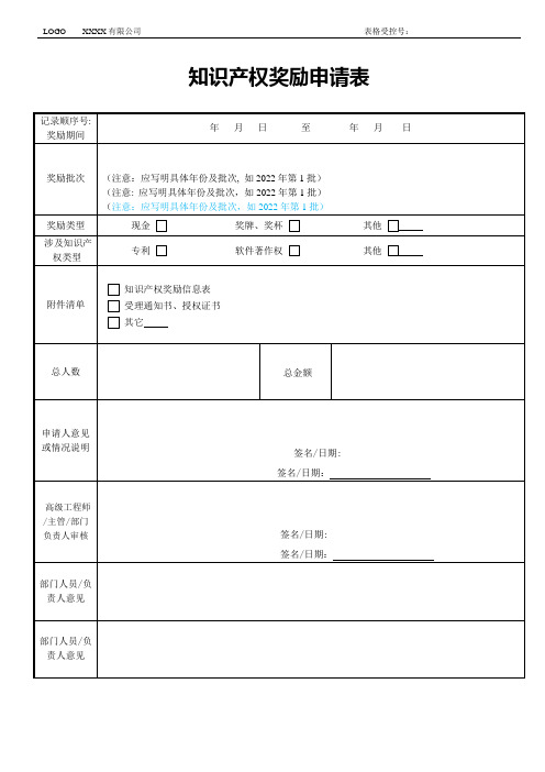 知识产权奖励申请表