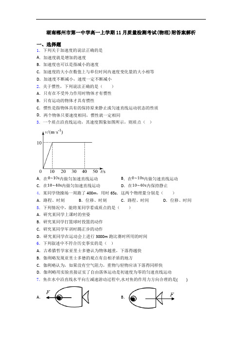 湖南郴州市第一中学高一上学期11月质量检测考试(物理)附答案解析