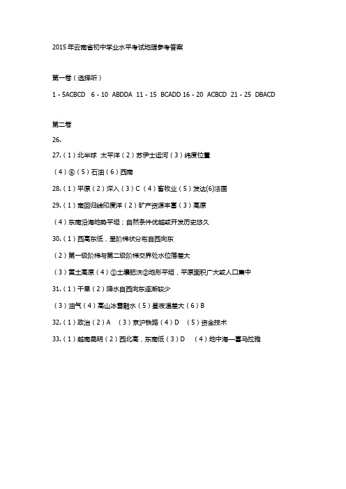 2015年云南省初中学业水平考试地理参考答案