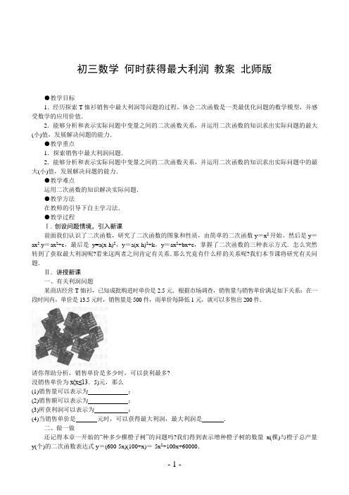 初三数学 何时获得最大利润 教案 北师版