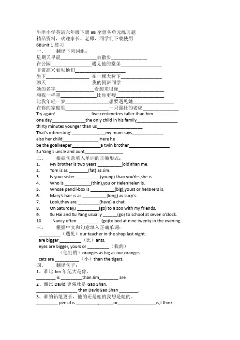 牛津小学英语六年级下册6B全册各单元练习题