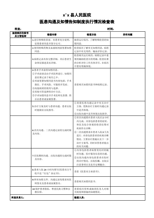 医患沟通及知情告知制度执行情况检查表