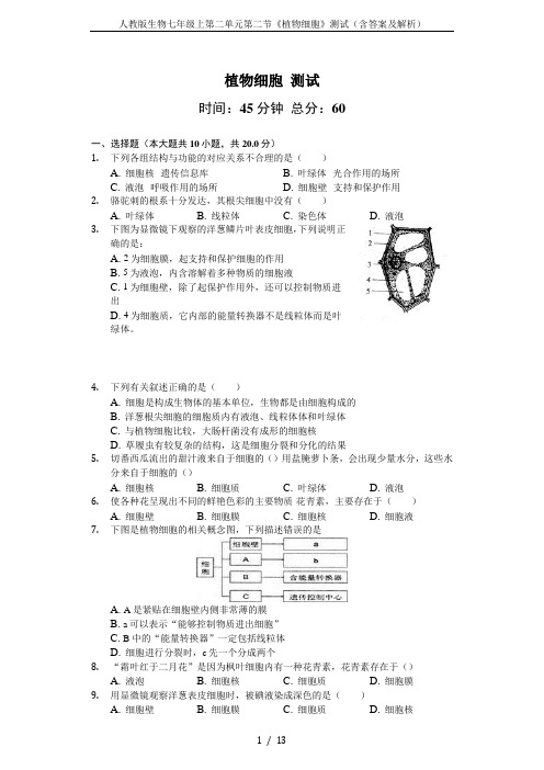 人教版生物七年级上第二单元第二节《植物细胞》测试(含答案及解析)