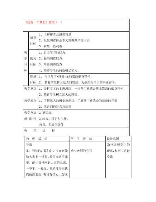 高中语文：4.12《我有一个梦想》教案(2)(新人教版必修2)河北地区专用