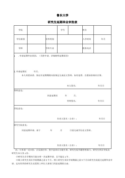 鲁东大学研究生延期毕业审批表