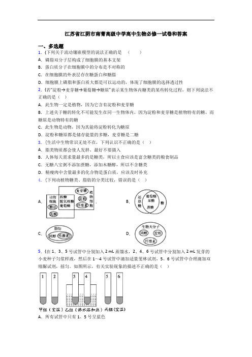 江苏省江阴市南菁高级中学高中生物必修一试卷和答案