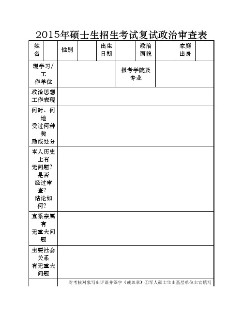 2015年硕士生招生考试复试政治审查表