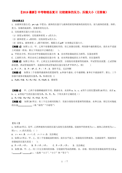【2019最新】中考物理总复习 比较液体的压力、压强大小(无答案)