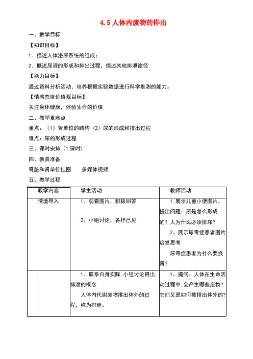 七年级生物下册4.5人体内废物的排出教案2新人教版