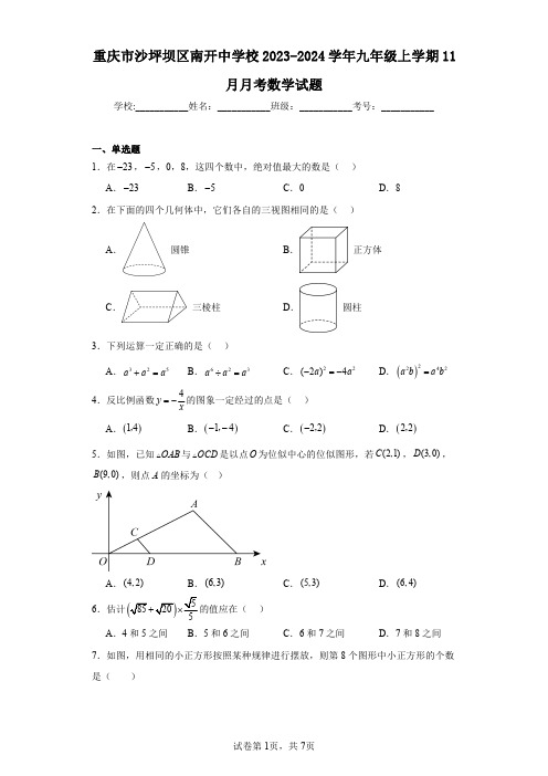 重庆市沙坪坝区南开中学校2023-2024学年九年级上学期11月月考数学试题