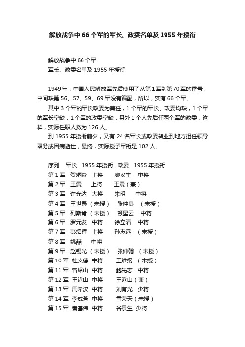 ?解放战争中66个军的军长、政委名单及1955年授衔