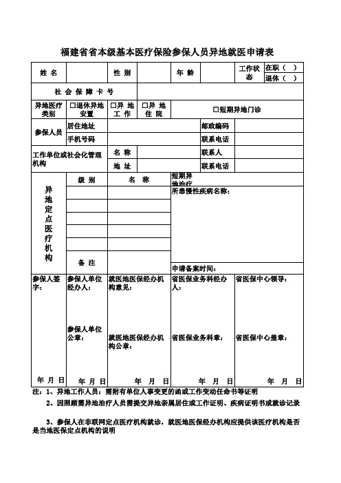 福建省省本级基本医疗保险参保人员异地就医申请表(省内安置)