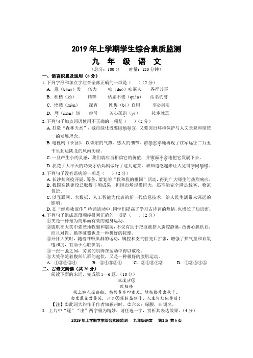 娄星区2019年中小学学科素养大赛九年级语文试卷(含答案)