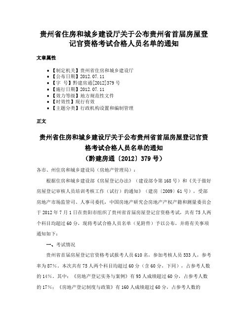 贵州省住房和城乡建设厅关于公布贵州省首届房屋登记官资格考试合格人员名单的通知