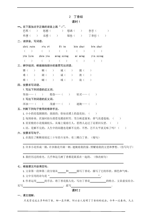 部编版语文六年级上册 2  丁香结 同步练习题(有答案)