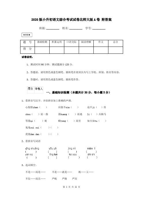 2020版小升初语文综合考试试卷北师大版A卷 附答案