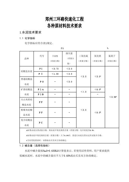 各种原材料技术要求